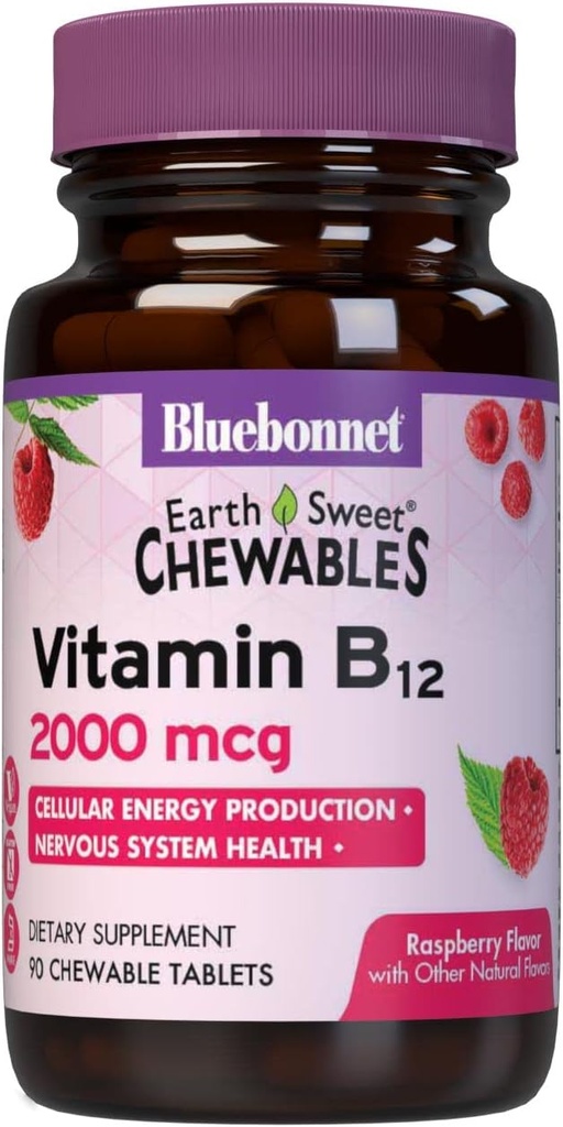 BlueBonnet Nutrition Earth Sweet Vitamin B12 2000 mcg Chewable Tablets, Soy-Free, Gluten-Free, Kosher Certified, Dairy-Free, Vegan, Raspberry Flavored, 90 Chewable Tablets, 90 Servings
