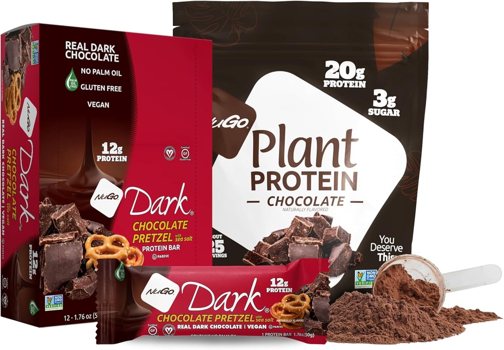 NuGo Dark Chocolate Pretzel w / SS, 12g Vegan Protein, Gluten Free, Kosher Pareve, Non- GMO, 12 Greve og NuGo Plant Protein Powder, Chokolade, 20g Protein, 3g Sukker, 25 Servere