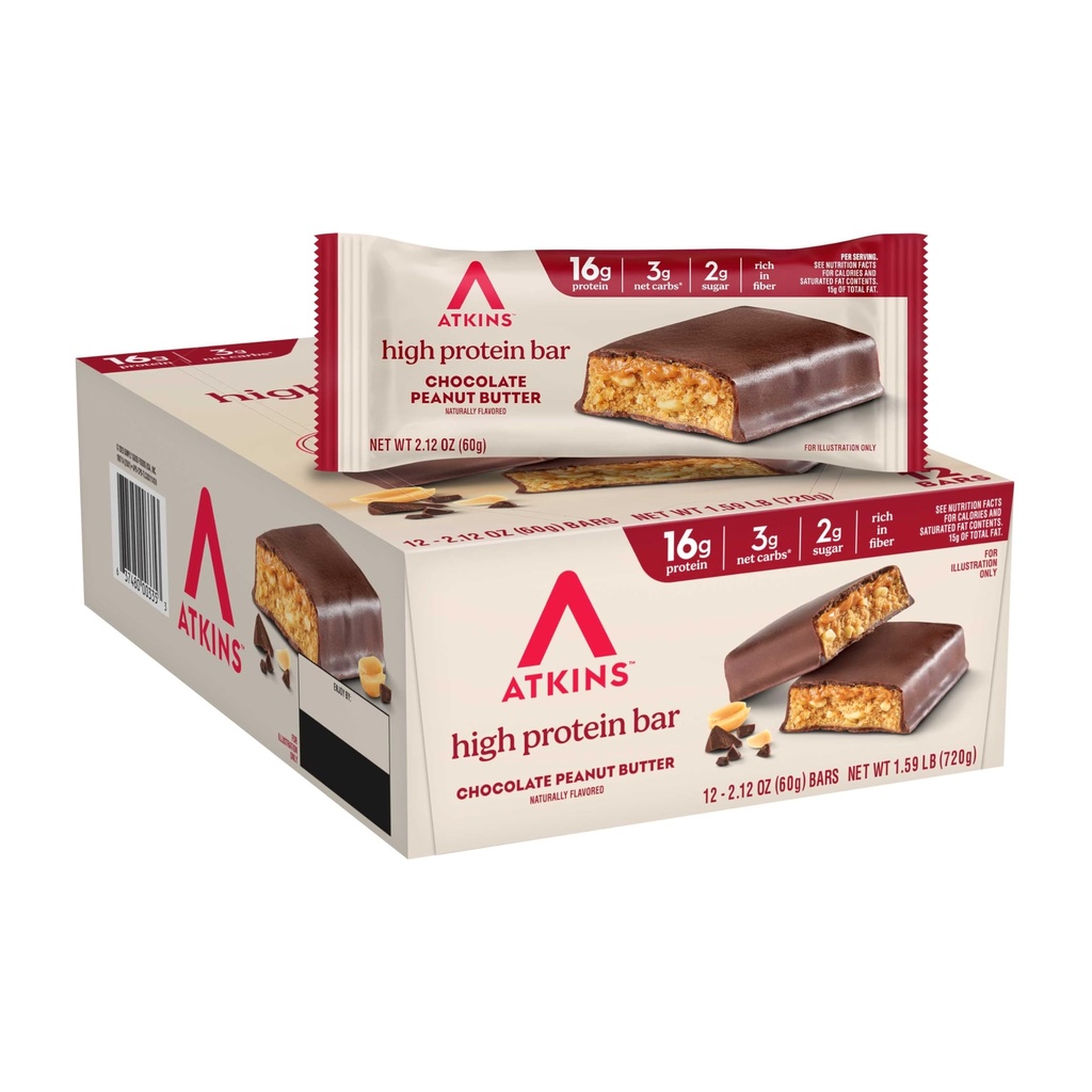 Atkins chokolade Peanut Butter Protein Meal Bar, High Fiber, 16g Protein, Low Sugar, 3g Net Carb, Low Carb, Keto Friendly, 12 Greve