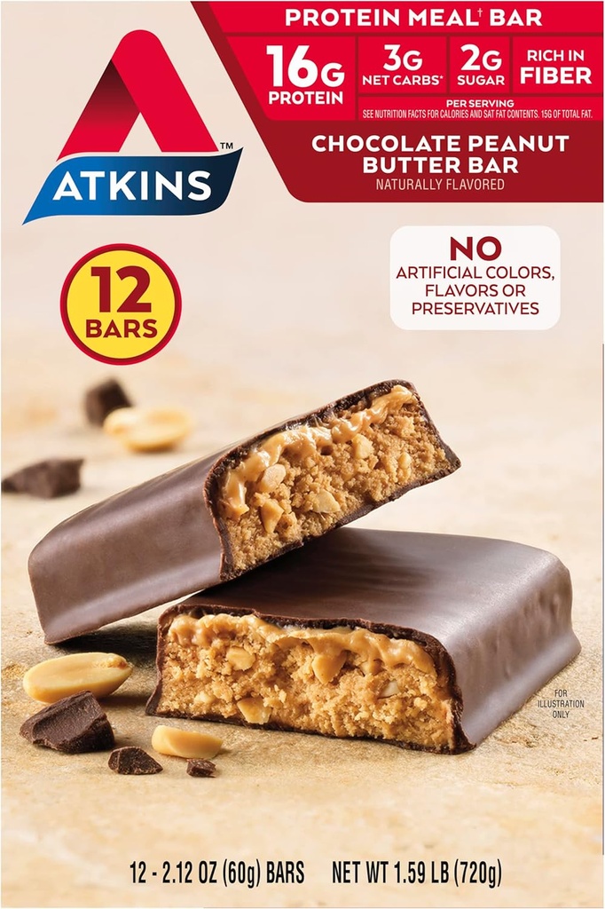 Atkins chokolade Peanut Butter Protein Meal Bar, High Fiber, 16g Protein, Low Sugar, 3g Net Carb, Low Carb, Keto Friendly, 12 Greve