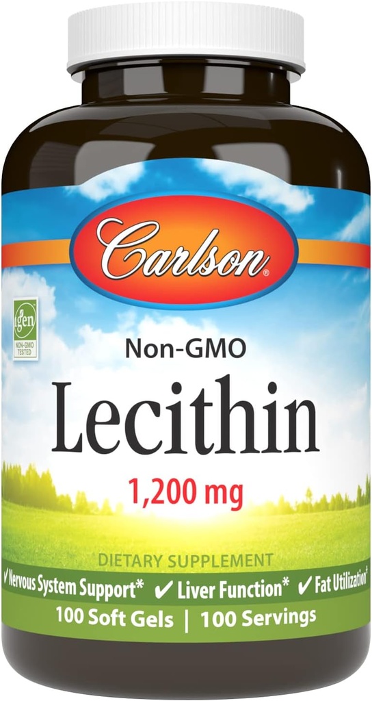 Carlson - Lecithin, non- GMO, 1200 mg, Nervesystemet & Leverfunktion, Ubleget Soy Lecithin, 100 Softgels