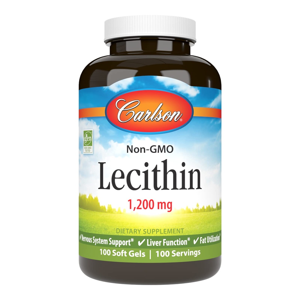 Carlson - Lecithin, non- GMO, 1200 mg, Nervesystemet & Leverfunktion, Ubleget Soy Lecithin, 100 Softgels