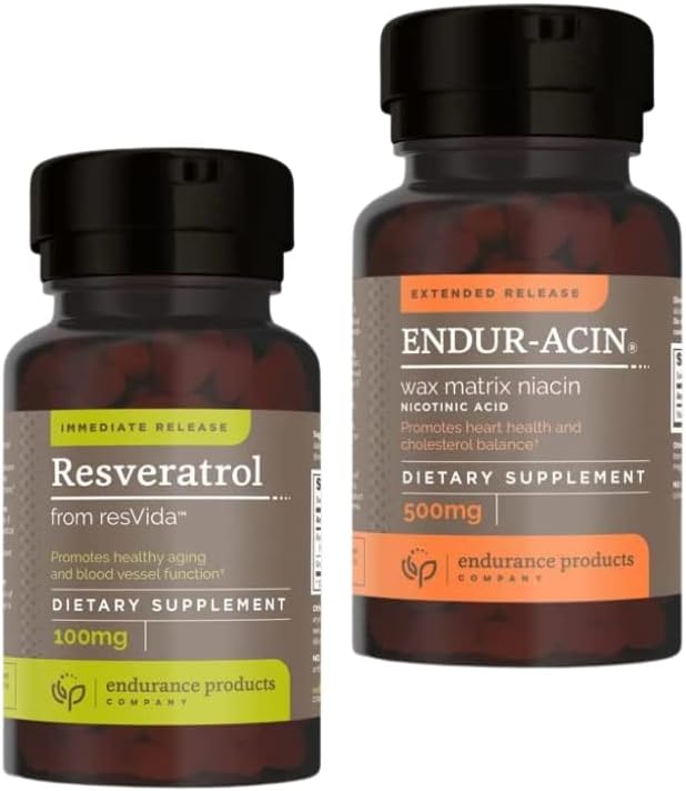 Endurance Products Resveratrol Supplement - Grape Skin Extract - 100mg Trans- Resveratrol Antioxidant and ENDUR- ACIN Niacin - Vitamin B3 Niacin 500mg Extended Release & Low- Flus