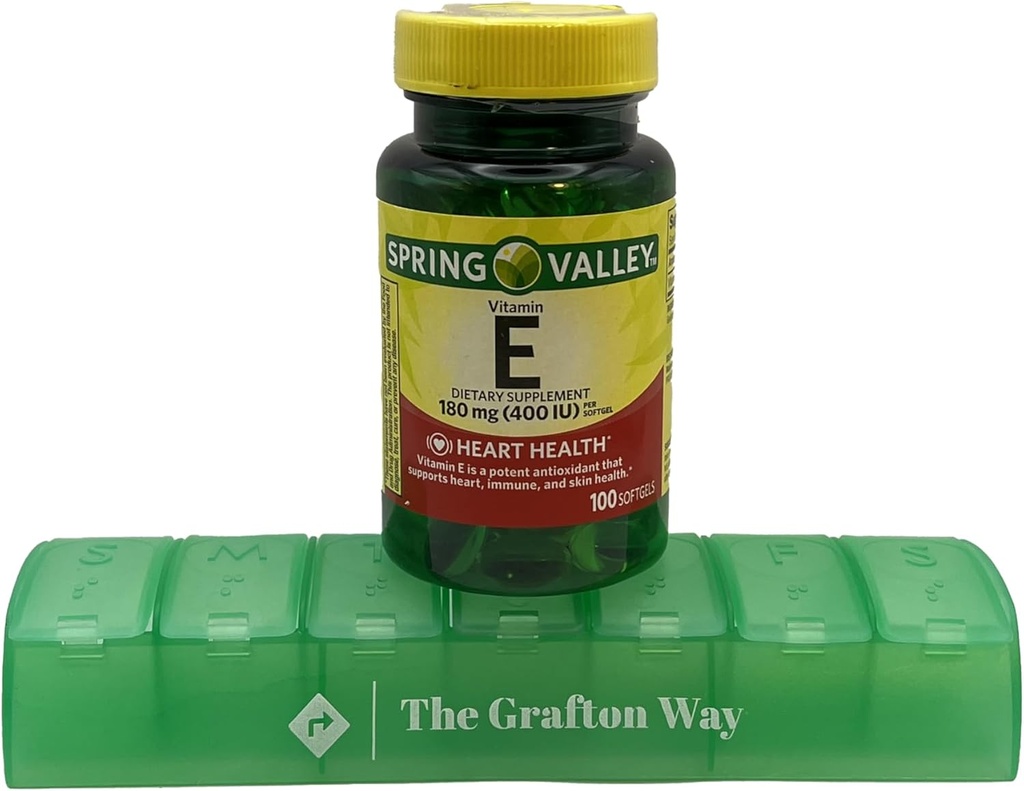 Spring Valley E-vitamin Kosttilskud, 180 mg, 100 Tæl med Complimentary Grafton Way Pill Organizer