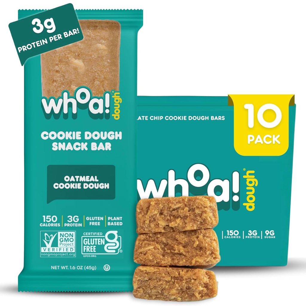 Whoa Dough Edible Cookie Dough Bars- Certified Non-GMO, Kosher and Gluten Free Bars - Healthy Snack Foods - Plant Based Snacks Made With Real Ingredients - Oatmeal Cookie Dough - 10 Pack