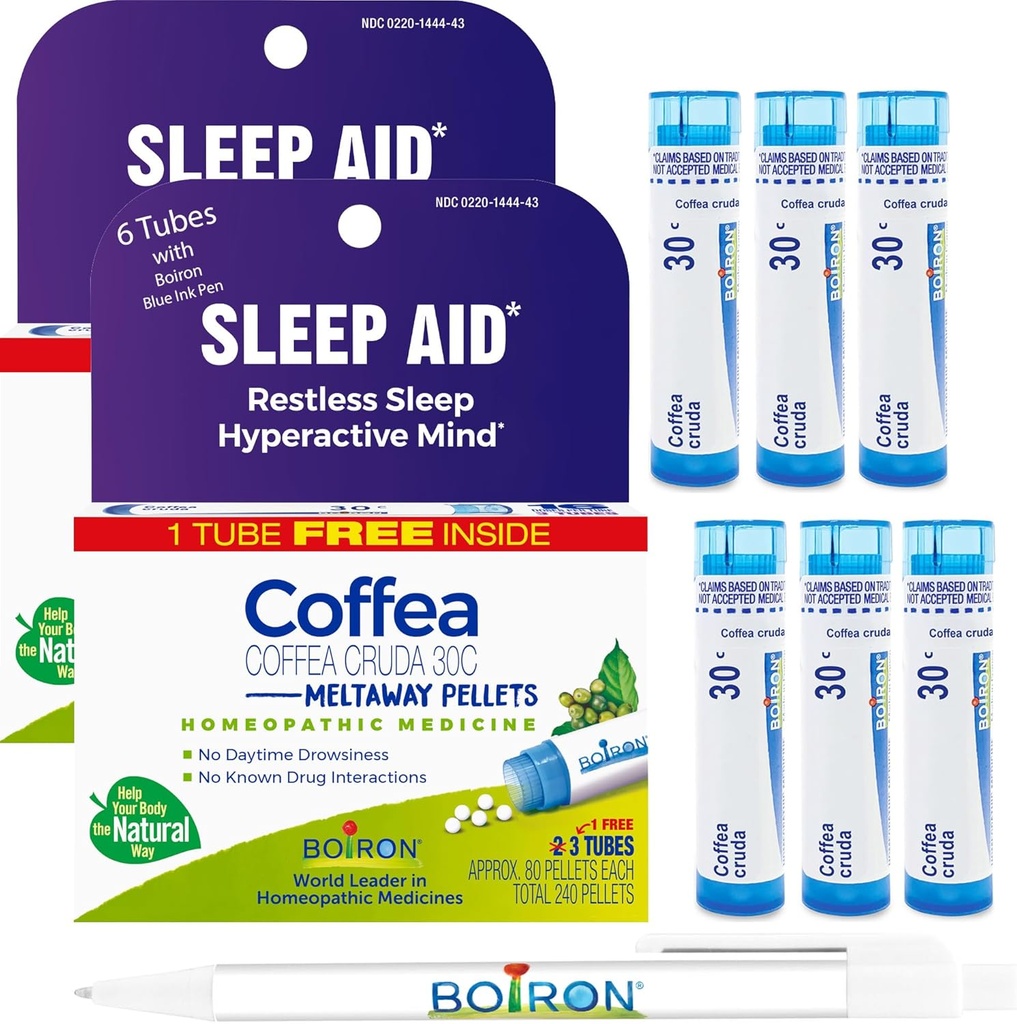 Boiron Coffea Cruda 30C - 6 total blå rør - Homøopatisk sovestøtte til Restless Sleep, Mental Hyperaktivitet, Racing Tanker, og Besværet søvn med Blue Ink Pen
