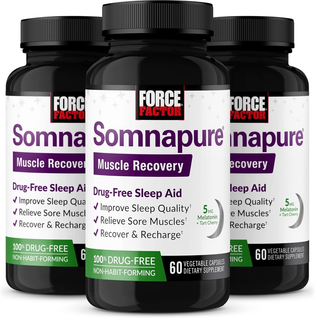 FORCE FACTOR Somnapure Muskel Inddrivelse Sovestøtte til voksne med Melatonin 5mg, Holy Basil, og L-Theanin, supplement til søvn støtte, Muskel ømhed Relief, & Muskel Inddrivelse, 180 Caps, 3- Pack