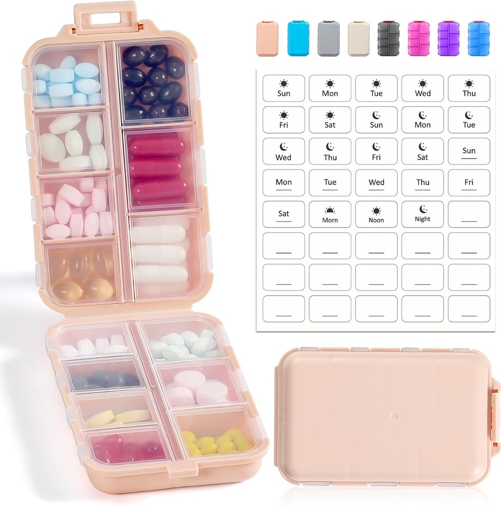 14 GRIDS Travel Pill Organizer Box med etiketter - Travel Medicine Case Kit - Pocket Daily Pharmacy Container - Travel Medication Holder Dispenser for Fish Oil Vitamin Supplement Storage - Pink