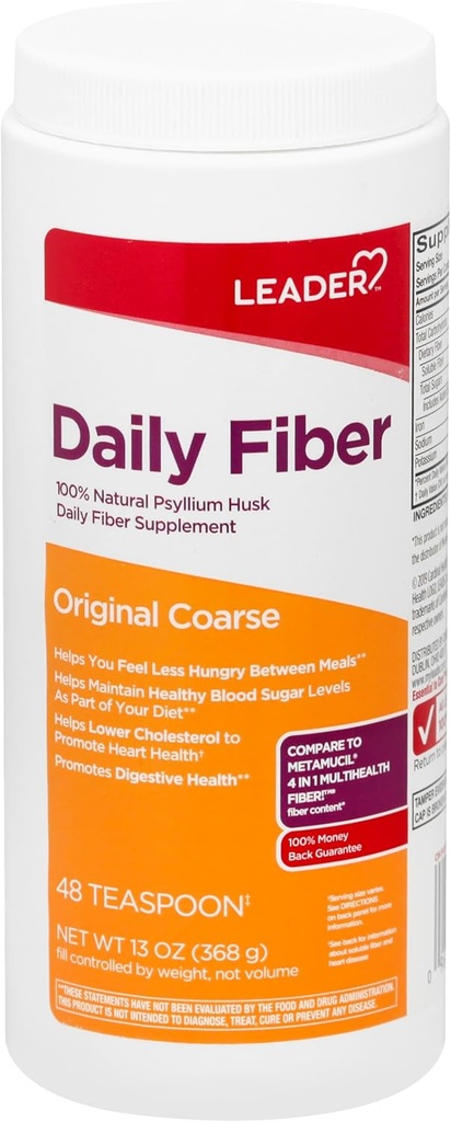 Leader Psyllium Husk Powder Supplement 4-in-1 Fiber til fordøjelsessygdomme, Plant baseret 100% Natural Psyllium Husk Daily Fiber, Gluten Free, Non- GMO, Sammenlign med Meta- mucil Multihealth (13 OZ)