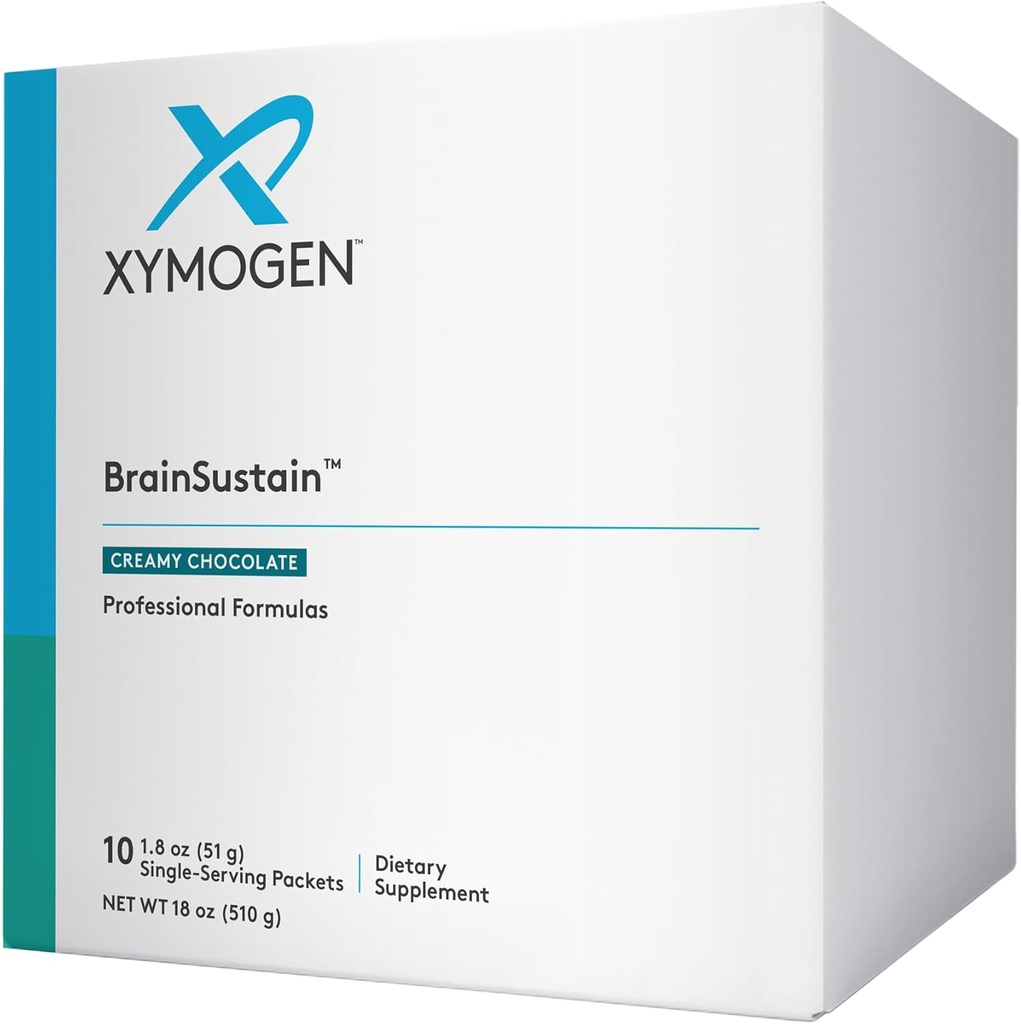 XYMOGEN BrainSustain Powder - Memory + Brain Support Drink with 19g Pea Protein, B Vitamins, Minerals, Amino Acids, Phosphatidylserine, DHA + CoQ10 - Creamy Chocolate (10 Packets)