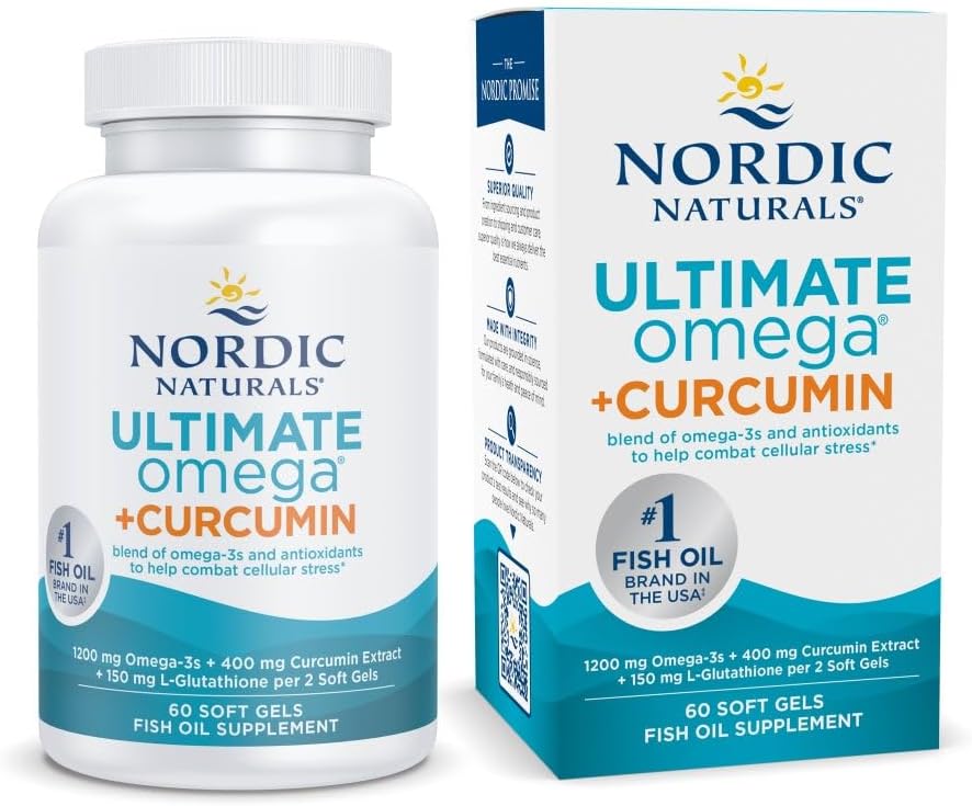 Nordic Naturals Omega Curcumin, Lemon - 60 Soft Gels - 1200 mg Omega-3 + 400 mg Optimeret Curcumin - Combats Cellular Stress - Non- GMO - 30 Serveringer
