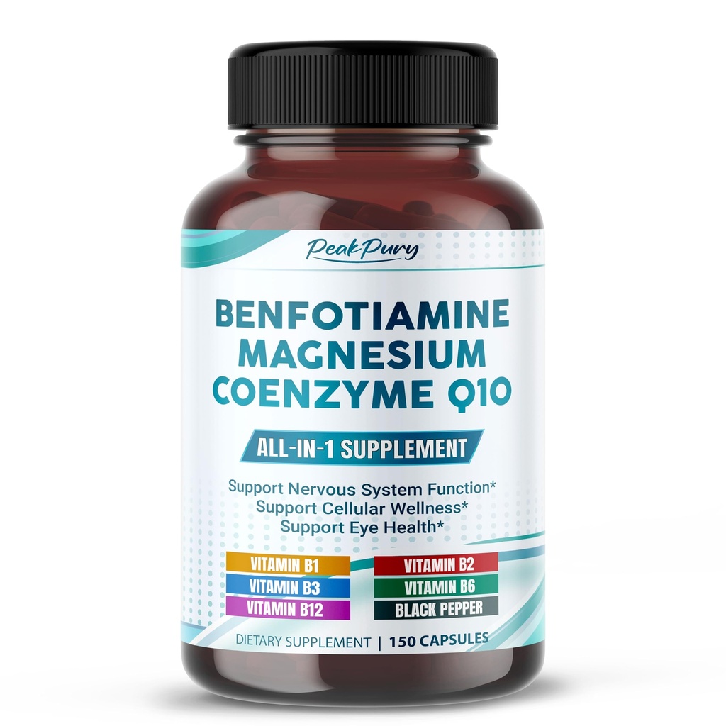 Benfotiamin med Magnesium & Coenzym Q10 - understøtter nervesundhed, cellular wellness & Eye sundhed - Lavet i USA- 150 kapsler