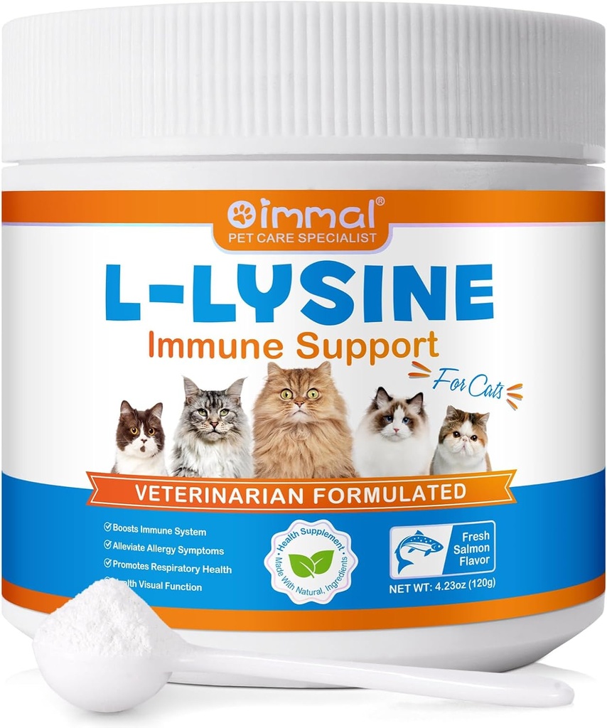 L- Lysin pulver til katte, Lysin supplement til katte, støtte immunsystem, respiratorisk sundhed & visuelle funktion og allergi Relief, Kæledyr sundhedsforsyninger Multivitaminer, Salmon Flavor - 4.23 oz / 120g
