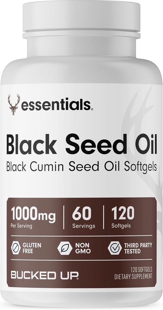 Bucked Up Black Seed Oil 1000mg Per Servering (Black Cumin Seed Oil) Essentials (60 Servere, 120 Softgels)