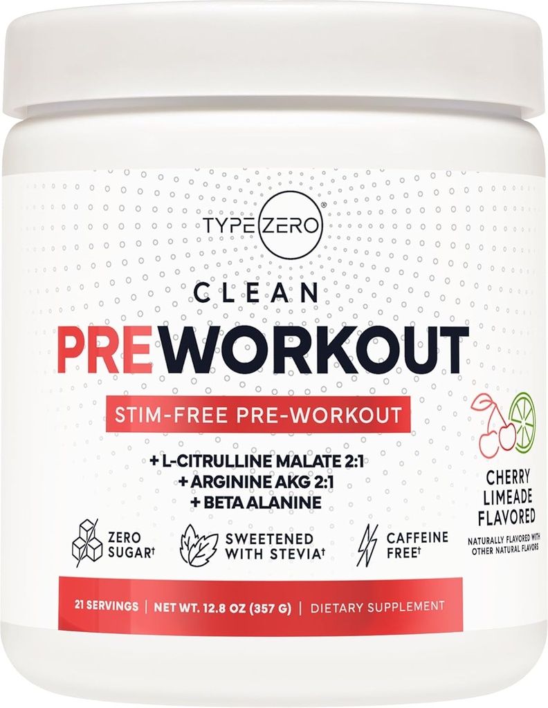 Type Zero Ultra Clean Stim Gratis pumpe Pre Workout + nitrogenoxid Booster (Cherry Limeade) - Ikke Stimulerende og kaffe-fri for mænd og kvinder