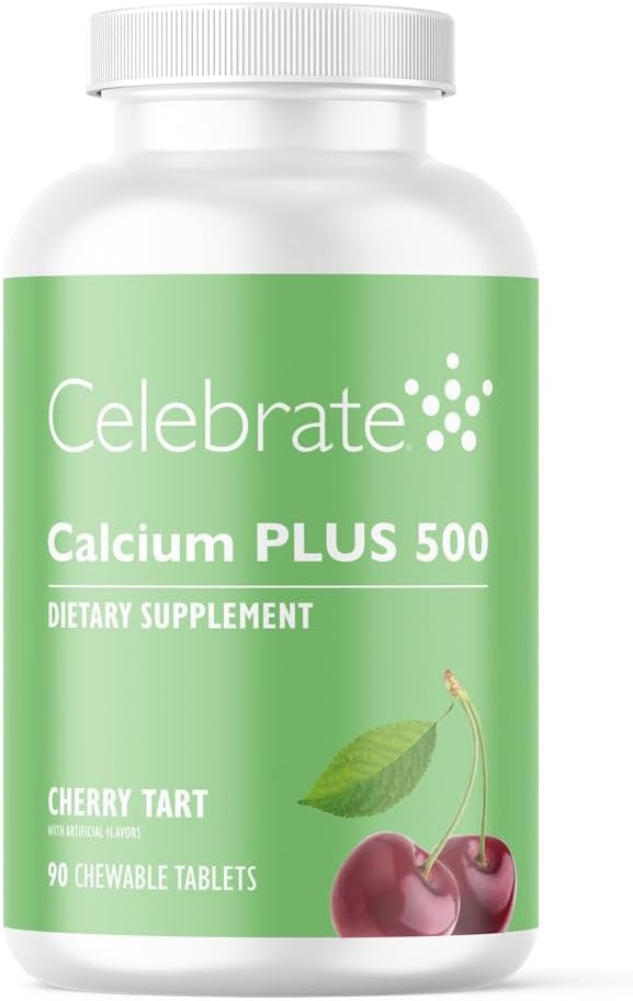 Celebrere Vitamin Calcium Plus - 500mg Calciumcitrat, 333 IE D3- vitamin & 34mg Magnesium til Bariatric Kirurgi - Gluten- Free & Sugar- Free - Cherry, 90 tyggetabletter