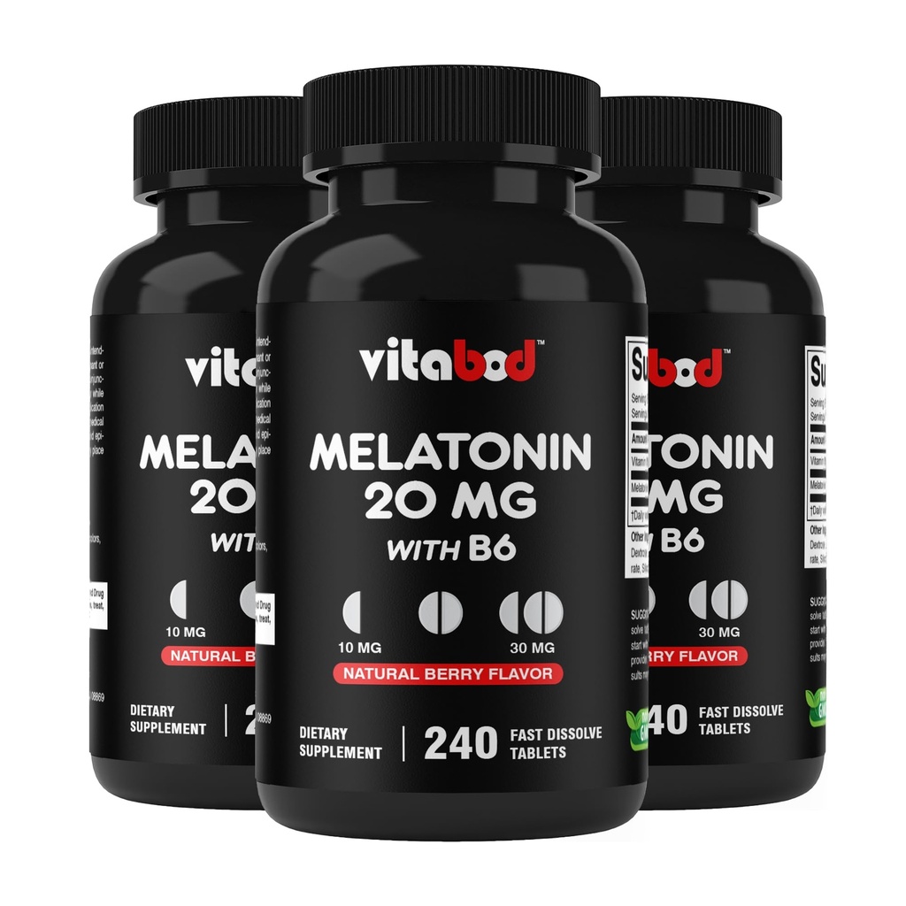 Vitabod Melatonin 20 mg - 240 Fast Dissolve Tablets - Drug Free - Natural Berry Flavor - Vegetarian, Non-GMO, Gluten Free 240 Count (Pack of 3)