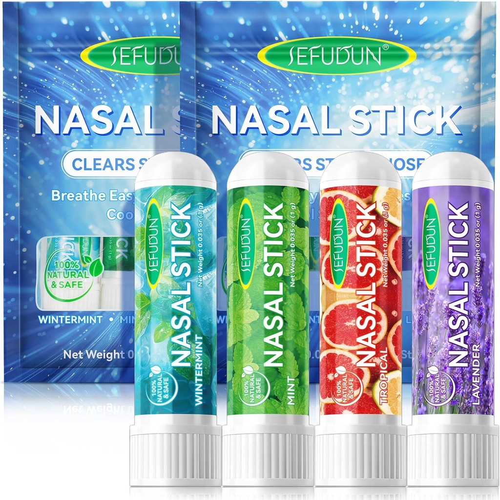 8PCS Nasal Stick, Nasal Inhaler Stick, Inhaler Nasal Stick til Sinus Relief & Vertigo Relief, Aromaterapi Inhaler lavet med essentielle olier + menthol (Mint, Wintermint, Tropical, Lavendel)