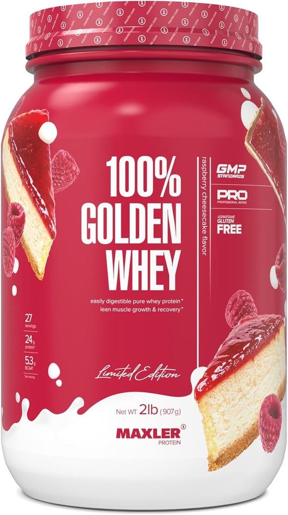 Maxler 100% Golden Whey Protein - 24g protein per servering - Premium Whey Protein Powder for Pre Post Workout - Fast- Absorbing Whey Koncentrat isolere Hydrolysat Blend - Raspberry Cheesecake 2 LB