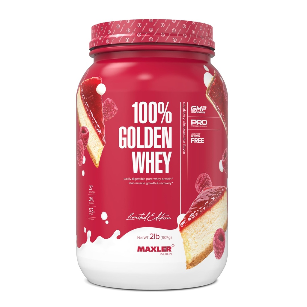 Maxler 100% Golden Whey Protein - 24g protein per servering - Premium Whey Protein Powder for Pre Post Workout - Fast- Absorbing Whey Koncentrat isolere Hydrolysat Blend - Raspberry Cheesecake 2 LB