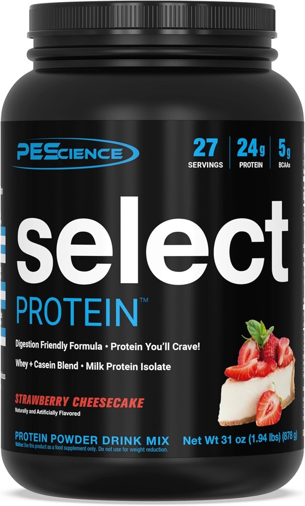 PEScience Select Protein Powder, Whey og Casein Blend, Clean Protein Powder for kvinder og mænd, Lav kalorie, Lav Carb, Keto Friendly, Gluten Free, Jordbær Cheesecake, 27 Servering