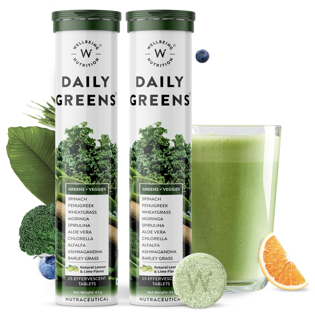 WELLBEING NURITION Daily Green, Wholefood Multivitamin med C-vitamin, zink, B6, B12 for immunitet og Detox med 39 + Organic Certified Plant Superfoods & Antioxidants (15Tabs x 2) (63 g (Pack of 2))