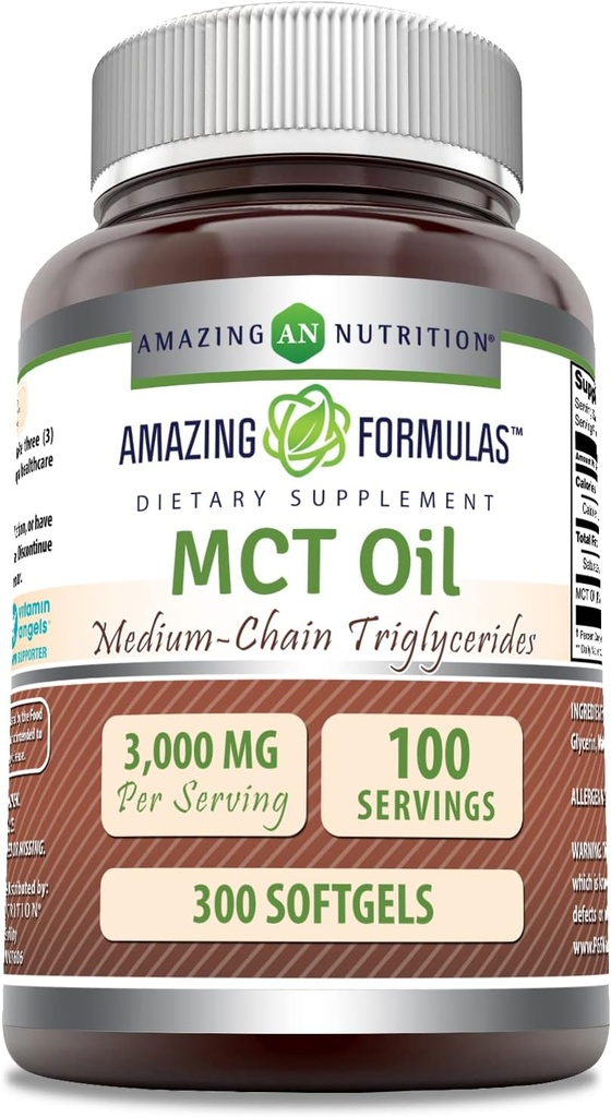 Amazing Formulas MCT Oil Supplement # 124; 1000 Mg pr Serving # 124; Softgels # 124; Non- GMO # 124; Gluten- Free # 124; Fremstillet i USA (1 pakke, 300 Tæl)