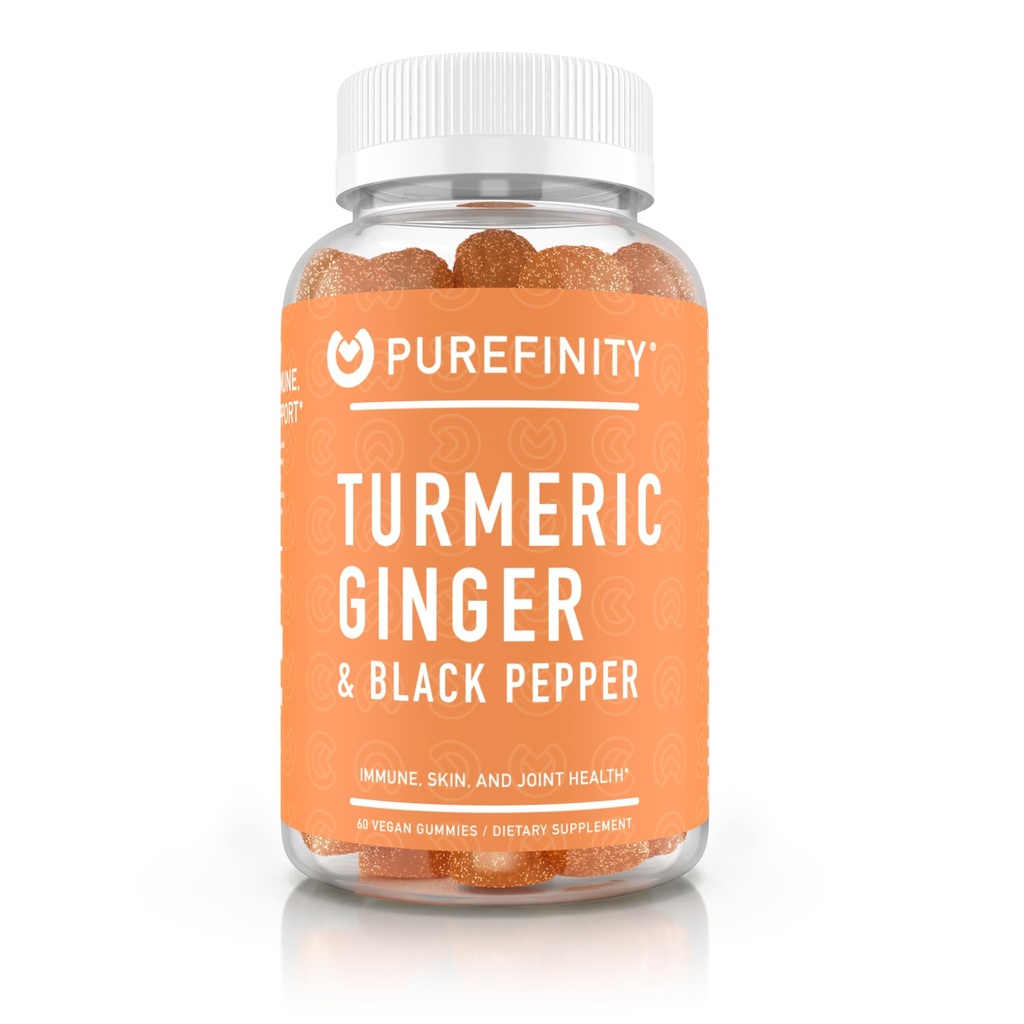 PUREFINITY Gurkemeje og ingefær supplement Gummies med sort peber, fælles støtte Curcumin Chewables med lækker flavor - Gluten fri, ikke-GMO, Vegan, 60 Greve