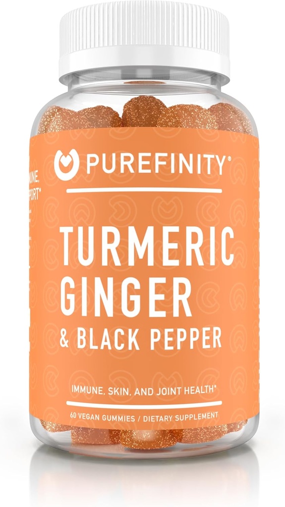 PUREFINITY Turmeric and Ginger Supplement Gummies with Black Pepper, Joint Support Curcumin Chewables with Delicious Flavor – Gluten Free, Non-GMO, Vegan, 60 Count