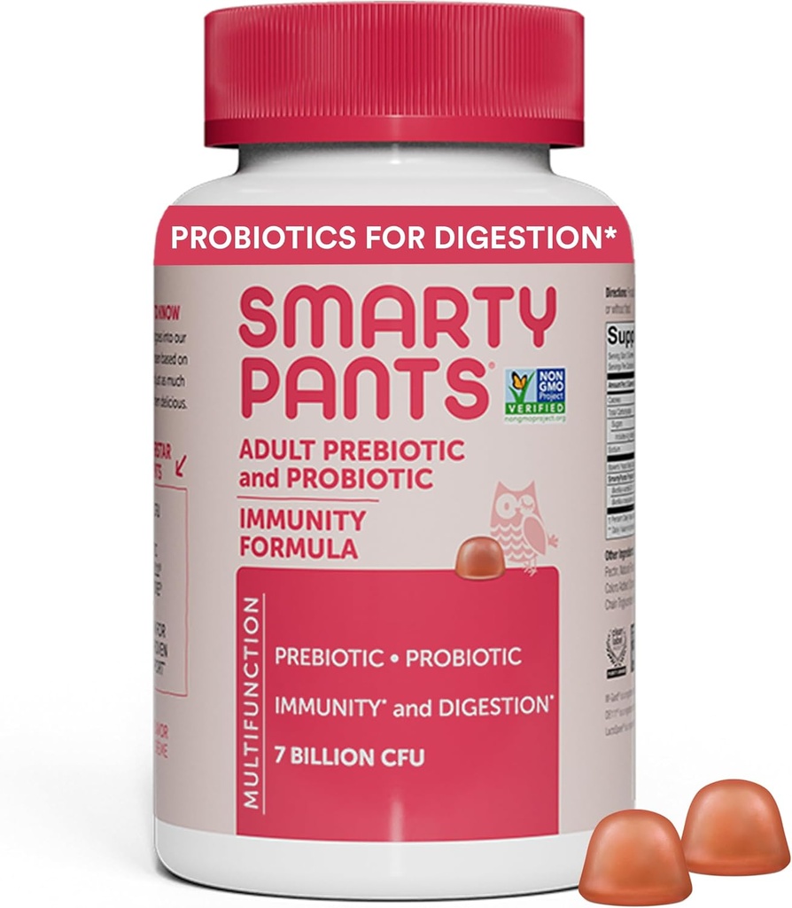 SmartyPants Voksen Probiotiske & Prebiotiske Gummies for fordøjelsessygdomme: Gut Health Supplement, Klinisk Studerede Prebiotika for immunforsvar, Jordbær, 60 Greve (30 dages forsyning)