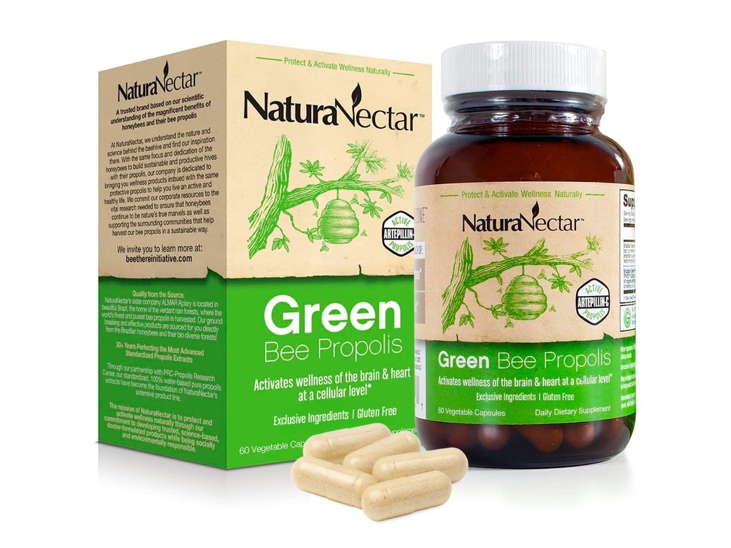 NaturaNectar - Green Bee Propolis Capsules - NSF Indhold Certificeret Brasiliansk Green Propolis - Gluten- Free Propolis Kosttilskud med flavonoider - naturligt syret gennem etisk biavl (60pcs.)