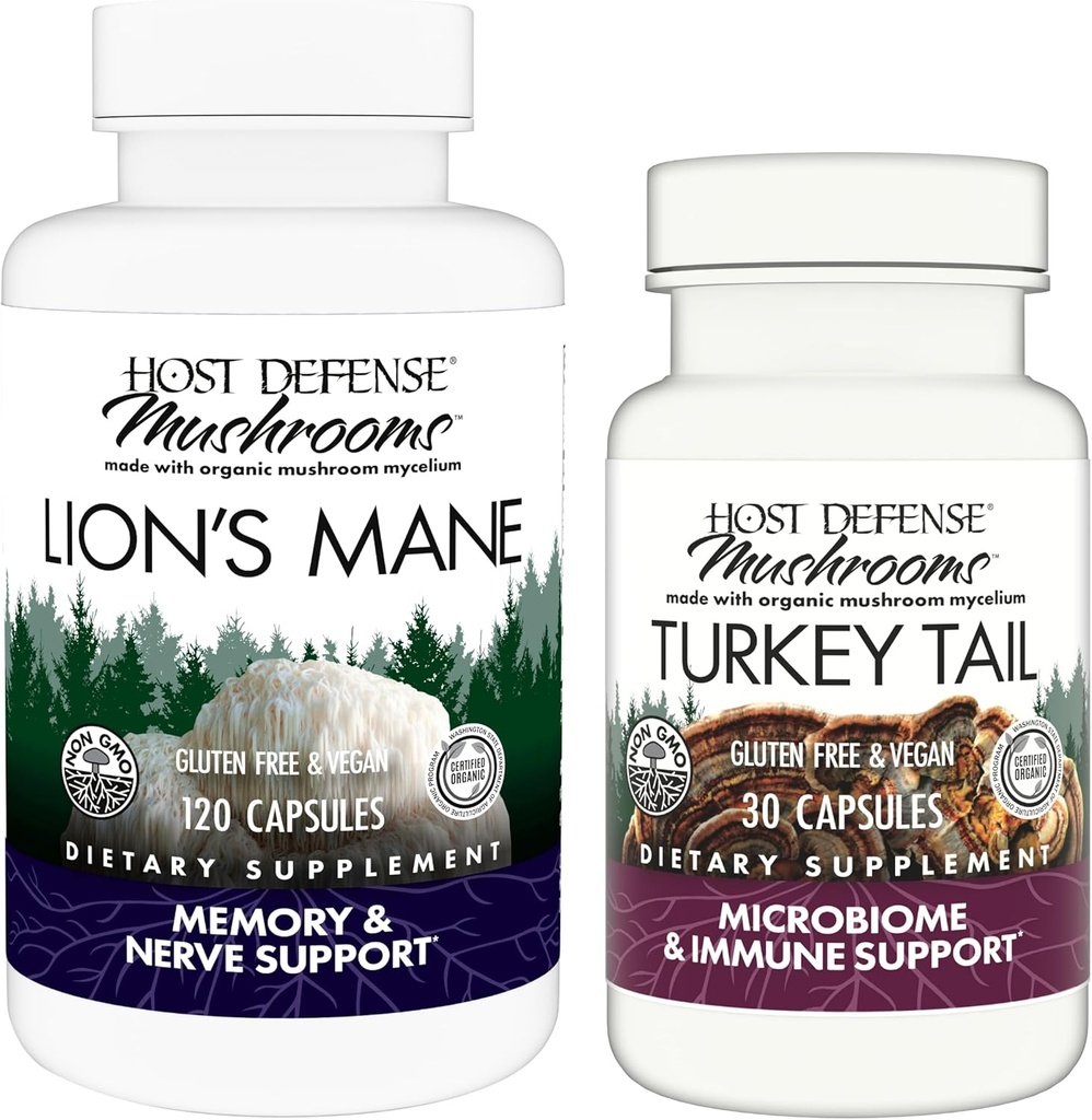 Host Defense Bundle med Lions Mane Kapsler, 120 Count & Tyrkiet Tail Kapsler, 30 Count - Support Brain Health, Memory & Focus - Support fordøjelse og immunforsvar *