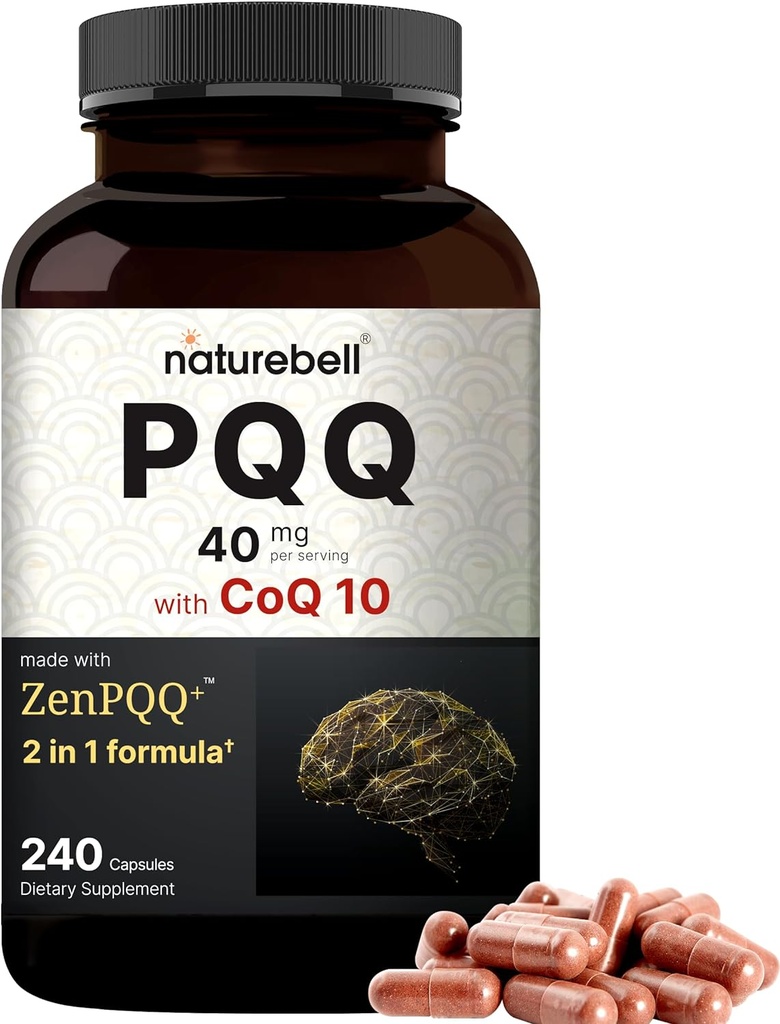 NatureBell PQQ 40mg Per servering med CoQ10, 240 Kapsler; Active Pyrroloquinoline Quinone, Højt biotilgængelig ZenPQQ + Formel - fremmer hjerte, hjerne, & Mitokondriel sundhed - ikke-GMO