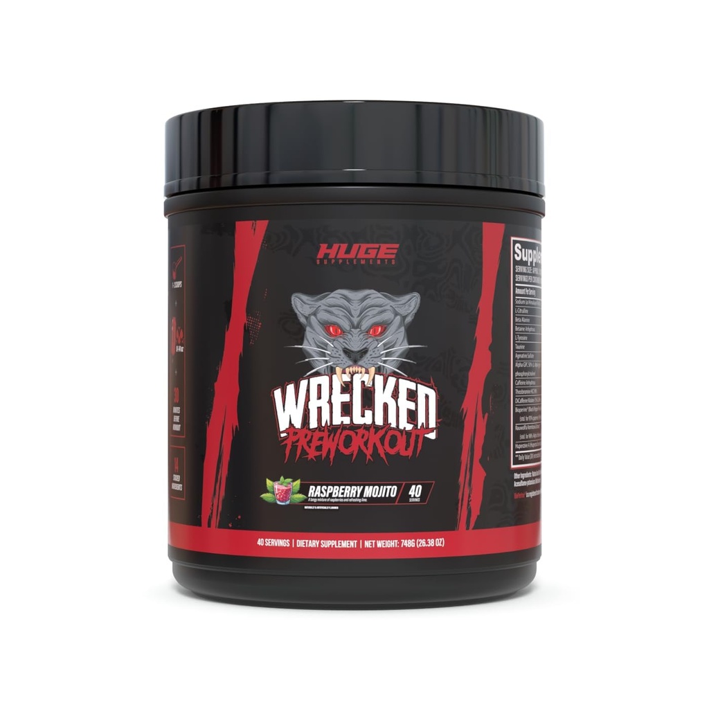 Wrecked Pre Workout, Advanced Formel, øger energi, Focus, Pumper & Performance, 10g L- Citrullin, 6.4g Beta Alanine, 5g Tyrosine, 1g Alpha GPC, 375mg Fast-Active Coffein & mere