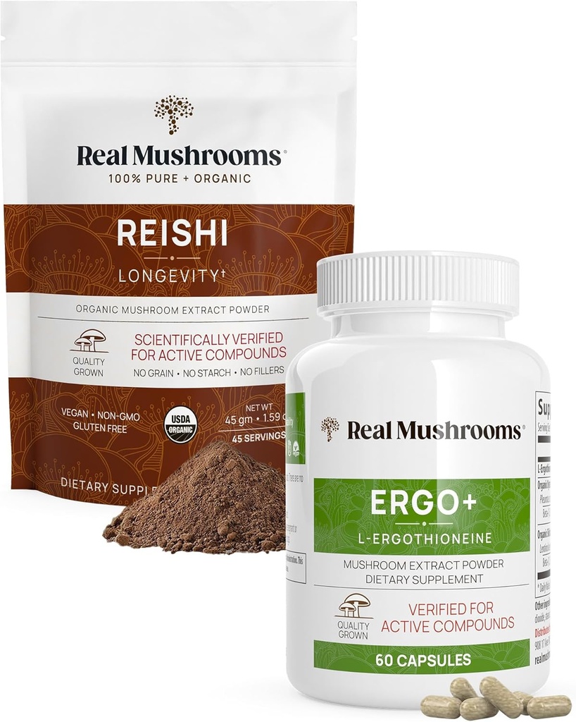 Ægte svampe Ergothioneine (60ct) og Reishi Organic Powder (45 Servere) Bundle med shiitake og Oyster Mushroom Ekstrakter - Longevity and Relaxation -Vegan, Gluten Free, Non- GMO
