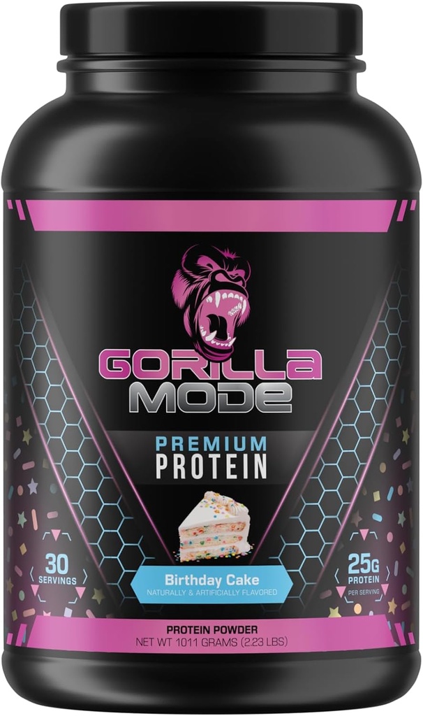 Gorilla Mind Premium Whey Protein - Fødselsdagskage, 25 Bedste af Whey Protein Isolate & Koncentrat, Recover and Build Muscle (30 Servere)