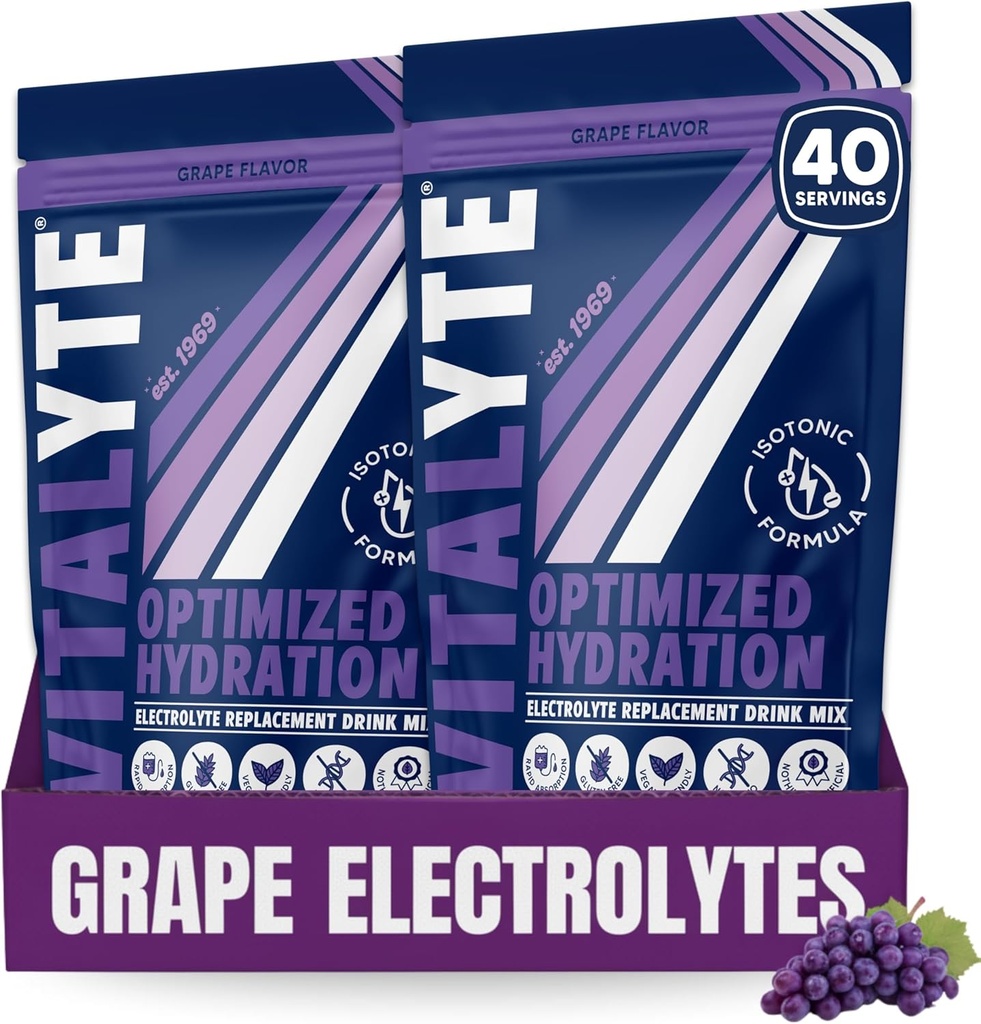 Vitalyte Electrolyte Powder Drink Mix, Isotonic Electrolyte Hydration Mix, Gluten Free Post Workout Powder Mix, Pack of 2, 35 oz. Hver, Grape Flavor