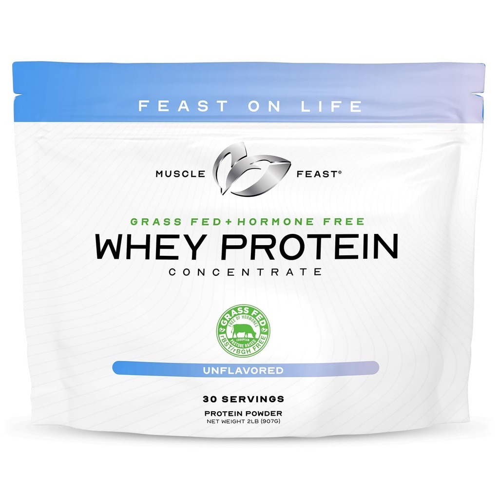 Muskel Feast Grass- Fed Whey Protein Concentrate Powder, All Natural, Hormone Free Pasture Raised Whey Protein Powder for Women & Men, Clean, Non- GMO & Gluten Free Whey Concentrate - Unflavored, 2lb