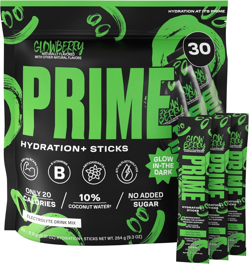 PRIME HYDRATION + Sticks GlowBERRY; Hydration Powder Single Serve Sticks; Electrolyte Powder On The Go - 124; Lavsukker - 124; Cafeine- Free - 124; Vegan - 124; 30 Sticks