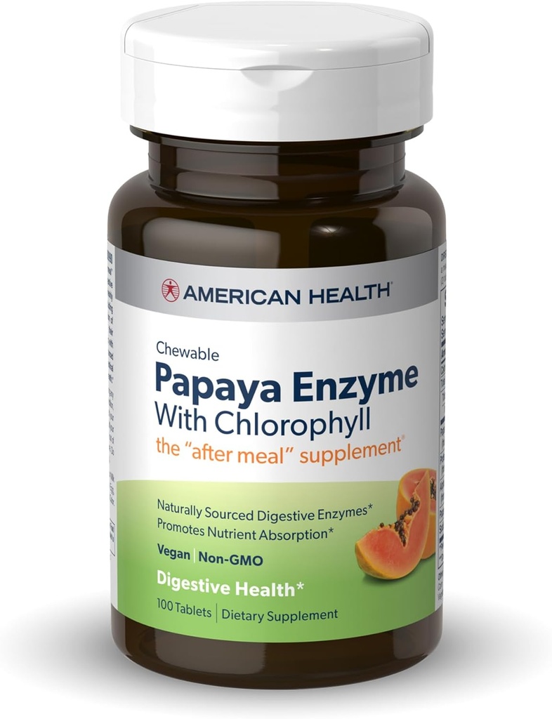 American Health Papaya Enzyme med Chlorophyll - 100 tyggetabletter - fremmer næringsstofabsorption - Non- GMO, Vegan, Gluten Free - 33 Servere