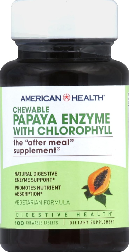 American Health Papaya Enzyme med Chlorophyll - 100 tyggetabletter - fremmer næringsstofabsorption - Non- GMO, Vegan, Gluten Free - 33 Servere