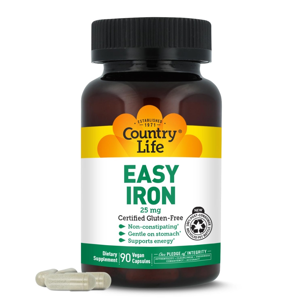 Country Life Easy Iron 25mg kapsler - genert non- Forstoppelse Ferrochel - Vegansk Vitamin supplement til kvinder & mænd - Understøtter Body Energy