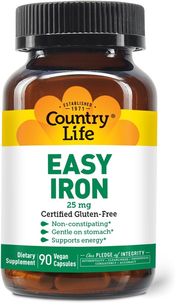 Country Life Easy Iron 25mg kapsler - genert non- Forstoppelse Ferrochel - Vegansk Vitamin supplement til kvinder & mænd - Understøtter Body Energy