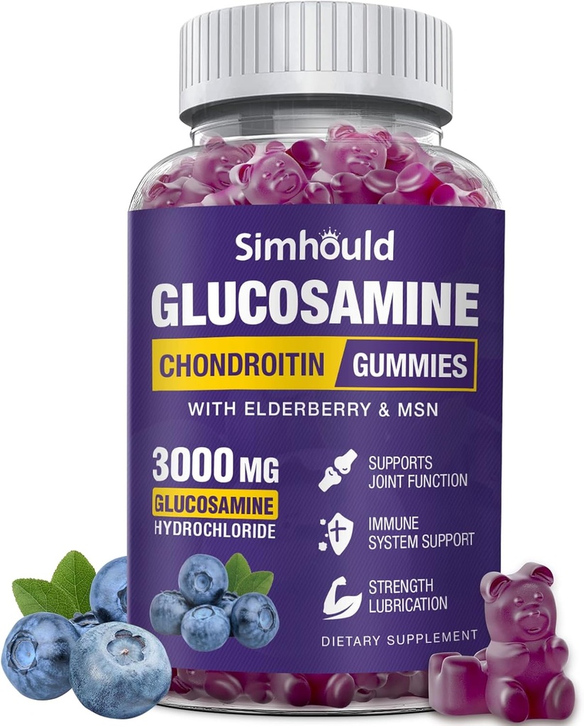 Glucosamin Chondroitin Gummies - 3000MG Extra Strength Joint Support Supplement med MSM & Elderberry, Fleksibilitet, Antioxidant Immunsupport Gummy til voksne, Mænd og kvinder