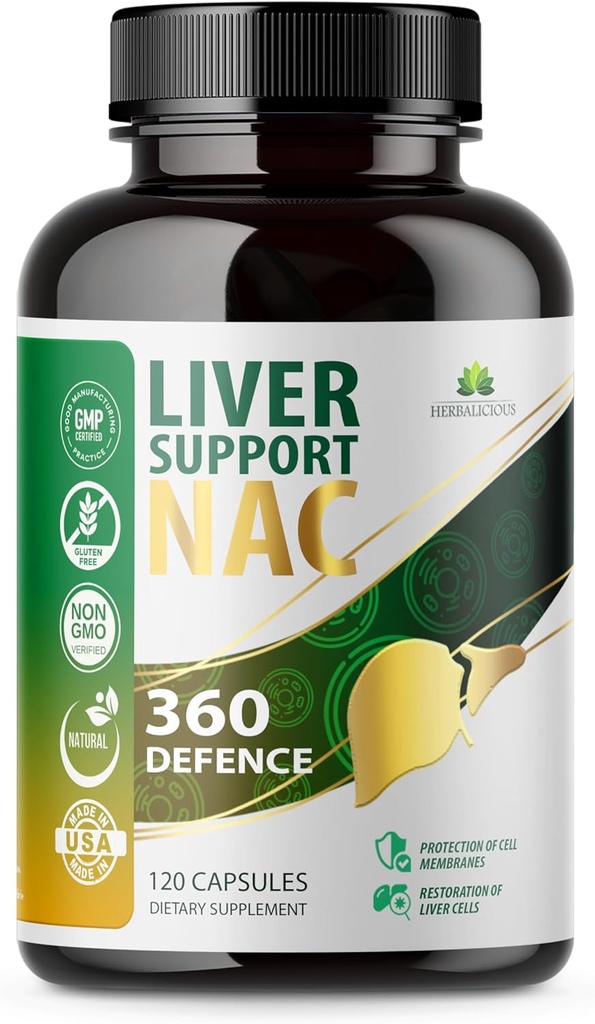 Leverstøtte NAC 360 Defence Capsules - Lever Detox med NAC, Milk Thistle, Mælkebøtte Root, gurkemeje, cholin, zink og Chanca Piedra - fremmer leversundhed og cellebeskyttelse - 120 kapsler