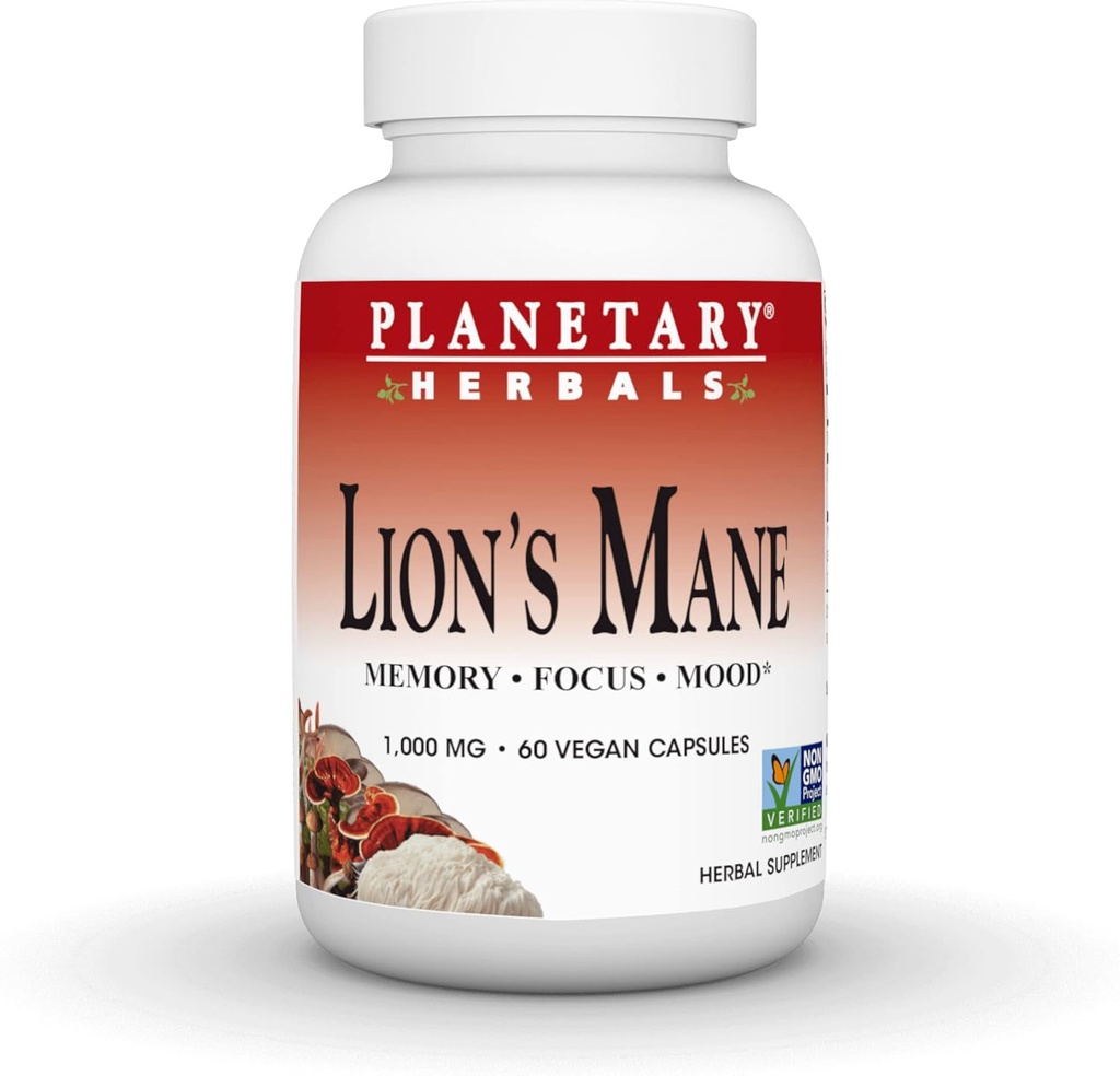 Planetariske Herbals Lions Mane, til hukommelse, fokus og mad *, 1000 mg - 60 Veganske kapsler