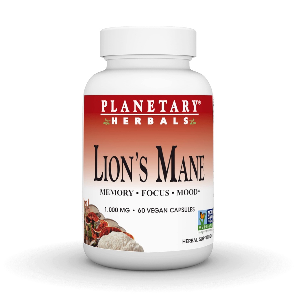 Planetariske Herbals Lions Mane, til hukommelse, fokus og mad *, 1000 mg - 60 Veganske kapsler