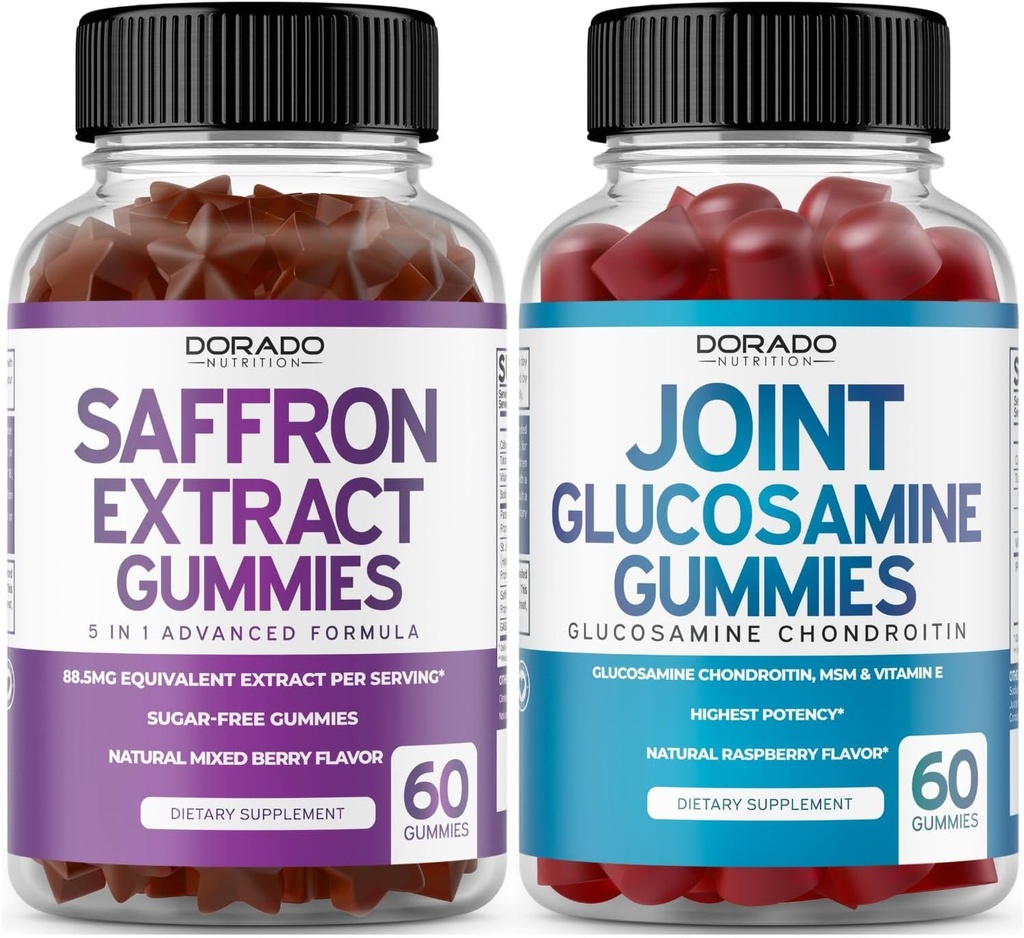 Saffron (60 Gummies) Premium 5 in 1 Advanced Formula - Delicious Raspberry Flavor and Glucosamine Chondroitin Joint Supplement (60 Count) Joint Supplements for Men & Women - Vegan Safe & Made in USA