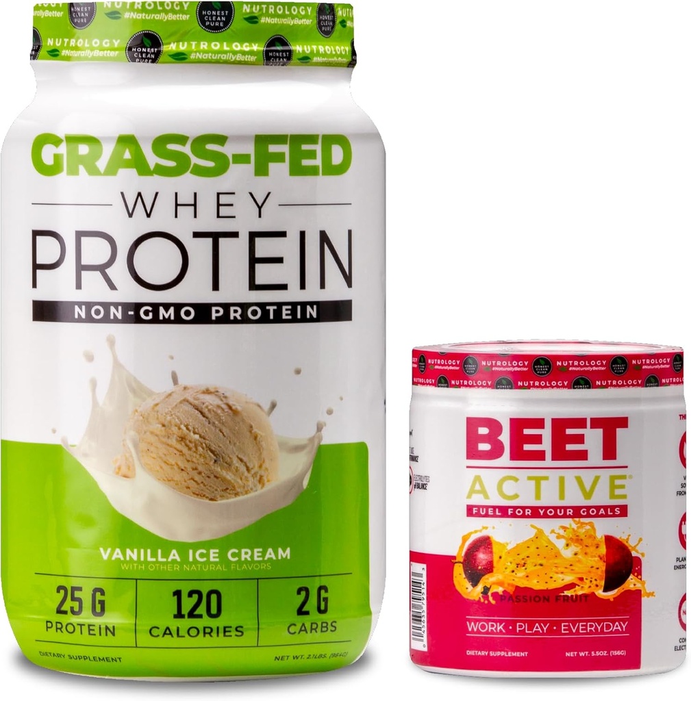 Nutrologi Grass Fed Whey Protein Powder, Understøtter Lean Muscle Recovery & Performance, Vanilla Ice Cream Flavor (28 Servering) Beet Active, Natural Pre- Workout Powder, Passion Fruit Flavor (