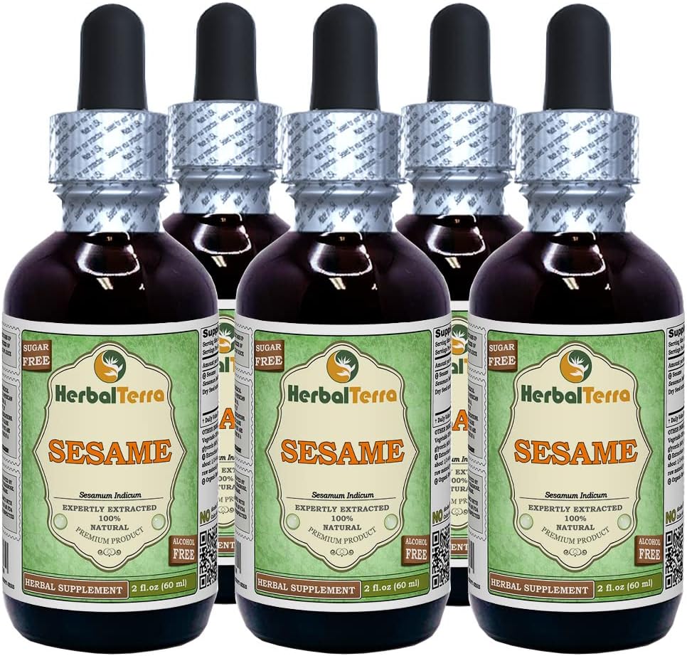 Sesame (Sesamum Indicum) Glycerit, Økologisk Tørret Frø Alkohol- GRATIS Liquid Extract (Brand name: HerbalTerra, Stolt fremstillet i USA) 5x2 fl.oz (5x60 ml)